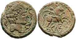 Ancient Coins - CELSE (Velilla de Ebro, Zaragoza). As. (Ae. 15,42g/30mm). 120-50 a.C. (FAB-771). Anv: Cabeza masculina a derecha con manto y fíbula, alrededor de tres delfines. Rev: Jinete con pa
