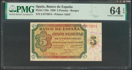 World Coins - 5 Pesetas. 10 de Agosto de 1938. Serie L. (Edifil 2017: 435a). Apresto original. SC. Encapsulado PMG64EPQ.