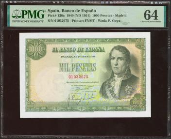 World Coins - 1000 Pesetas. 4 de Noviembre de 1949. Sin serie. (Edifil 2021: 458, Pick: 138a). Raro en esta excepcional calidad. SC. Encapsulado PMG64.