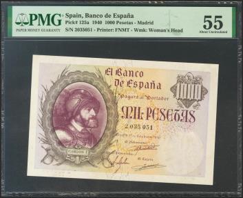 World Coins - 1000 Pesetas. 21 de Octubre de 1940. Sin serie. (Edifil 2017: 445). EBC+. Encapsulado PMG55.
