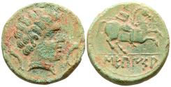 Ancient Coins - SECAISA (Segeda, Zaragoza). As. (Ae. 7,64g/23mm). 120-20 a.C. (FAB-2131). Anv: Cabeza masculina a derecha entre delfines. Rev: Jinete con lanza a derecha, debajo leyenda bajo line