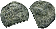 Ancient Coins - ARSAOS (Zona de Navarra). As. (Ae. 7,00g/23mm). 120-80 a.C. (FAB-144). Anv: Cabeza masculina y barbada a derecha entre dos delfines. Rev: Jinete con dardo a derecha, debajo de lín