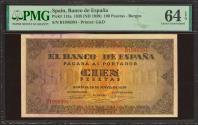 World Coins - 100 Pesetas. 20 de Mayo de 1938. Serie B. (Edifil 2023: 432a, Pick: 113a). Inusual en esta calidad, apresto original. SC. Encapsulado PMG64EPQ.