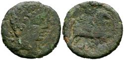 Ancient Coins - NERTOBIS (Calatorao, Zaragoza). As. (Ae. 8,84g/23mm). 120-20 a.C. (FAB-1771). Anv: Cabeza masculina a derecha entre dos delfines, detrás letra ibérica N. Rev: Jinete con lanza a d