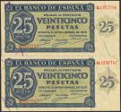 World Coins - 25 Pesetas. 21 de Noviembre de 1936. Pareja correlativa. Serie Q. (Edifil 2023: 419a). Apresto original. SC-.