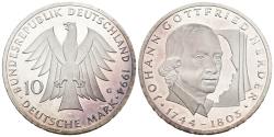 World Coins - ALEMANIA. 10 Marcos (Ar. 15,55g/33mm). 1994. Karlsruhe G. 250 Aniversario del nacimiento de Johann Gottfried Herder. (Km#184). EBC+. Ligeras marquitas.