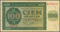 World Coins - 100 Pesetas. 21 de Noviembre de 1936. Serie X, última serie emitida. (Edifil 2023: 421a). Conserva parte de su apresto original. EBC.