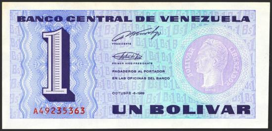 World Coins - VENEZUELA. 1 Bolívar. 5 de Octubre de 1989. Signatures: Pedro R. Tirico Hijo and José Vicente Rodríguez Aznar. Serie A. (Pick: 68, Sleiman: 1). XF.