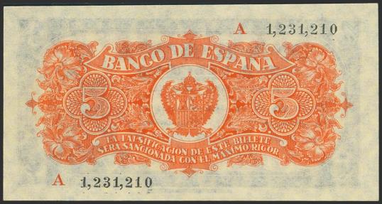 World Coins - 5 Pesetas. 18 de Julio de 1937. Serie A. (Edifil 2023: 424a, Pick: 106a). Inusual en esta excepcional calidad, apresto original. SC-.