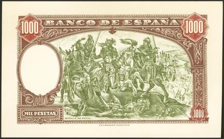 World Coins - Conjunto de las pruebas de anverso y reverso de un billete no emitido de 1000 Pesetas, fechado el 18 de Julio de 1937. Sin numeración. (Edifil 2023: NE45P). Extraordinariamente ra