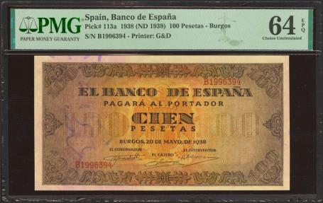 World Coins - 100 Pesetas. 20 de Mayo de 1938. Serie B. (Edifil 2023: 432a, Pick: 113a). Inusual en esta calidad, apresto original. SC. Encapsulado PMG64EPQ.