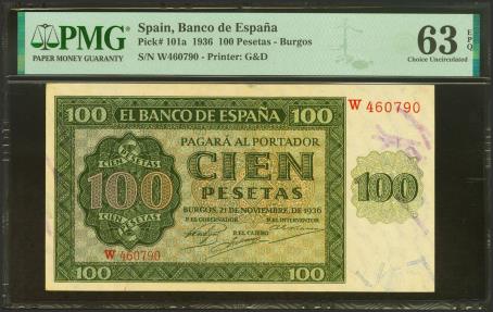 World Coins - 100 Pesetas. 21 de Noviembre de 1936. Serie W. (Edifil 2023: 421a, Pick: 101a). Apresto original. SC. Encapsulado PMG63EPQ.