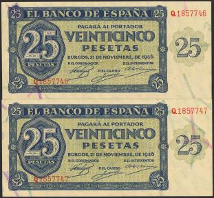 World Coins - 25 Pesetas. 21 de Noviembre de 1936. Pareja correlativa. Serie Q. (Edifil 2023: 419a). Apresto original. SC-.