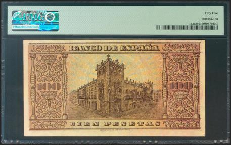 World Coins - 100 Pesetas. 20 de Mayo de 1938. Serie B. (Edifil 2021: 432a, Pick: 113a). EBC+. Encapsulado PMG55.