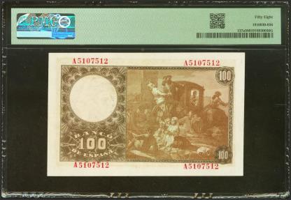 World Coins - 100 Pesetas. 2 de Mayo de 1948. Serie A. (Edifil 2023: 456a, Pick: 137a). EBC++. Encapsulado PMG58.