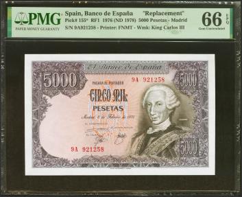 World Coins - 5000 Pesetas. 6 de Febrero de 1976. Serie especial 9A. (Edifil 2021: 475b, Pick: 155*). Rarísimo en esta excepcional calidad, apresto original. SC. Encapsulado PMG66EPQ.