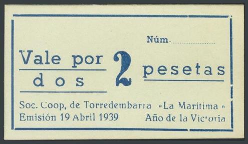 World Coins - Vale de 2 Pesetas de TORREDEMBARRA emitido el 19 de Abril de 1939 por la Sociedad Cooperativa 