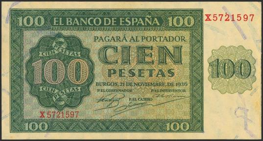 World Coins - 100 Pesetas. 21 de Noviembre de 1936. Serie X, última serie emitida. (Edifil 2023: 421a). Conserva parte de su apresto original. EBC.