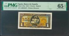 World Coins - 1 Pesetas. 4 de Septiembre de 1940. Serie A. (Edifil 2021: 442a, Pick: 122a). Inusual en esta calidad. SC. Encapsulado PMG65EPQ.