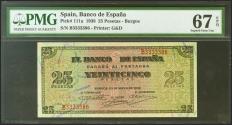 World Coins - 25 pesetas. May 20, 1938. Series B. (Edifil 2021: 430a, Pick: 111a). Very rare in this exceptional quality, original sizing. Uncirculated. PMG67EPQ package. (To give us an idea of