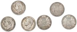 World Coins - CENTENARIO DE LA PESETA. Conjunto de 3 piezas de 50 céntimos de Alfonso XII. Años de 1880 y 1885. Diferentes estados de conservación. A EXAMINAR.