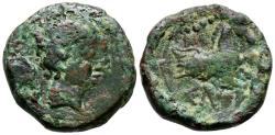 Ancient Coins - CELSE (Velilla del Ebro, Zaragoza). Cuadrante. (Ae. 3,48g/18mm). 120-50 a.C. (FAB-791). Anv: Cabeza masculina a derecha, detrás delfín. Rev: Prótomo de Pegaso a derecha, encima tr