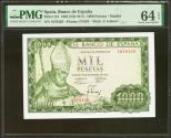 World Coins - 1000 Pesetas. 19 de Noviembre de 1965. Sin serie. (Edifil 2023: 471, Pick: 151). Inusual en esta calidad, apresto original. SC. Encapsulado PMG64EPQ.