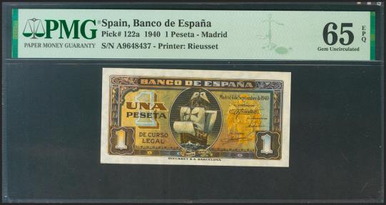World Coins - 1 Pesetas. 4 de Septiembre de 1940. Serie A. (Edifil 2021: 442a, Pick: 122a). Inusual en esta calidad. SC. Encapsulado PMG65EPQ.