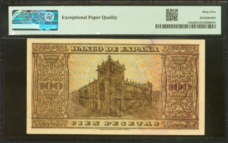 World Coins - 100 Pesetas. 20 de Mayo de 1938. Serie C. (Edifil 2023: 432a, Pick: 113a). Inusual en esta excepcional calidad, apresto original. SC. Encapsulado PMG65EPQ.