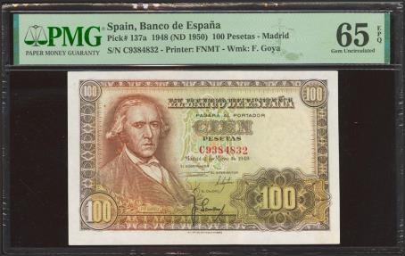World Coins - 100 Pesetas. 2 de Mayo de 1948. Serie C. (Edifil 2023: 456a, Pick: 137a). Inusual en esta excepcional calidad, apresto original. SC. Encapsulado PMG65EPQ.