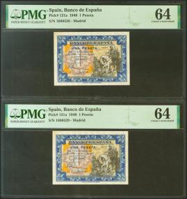 World Coins - 1 Peseta. 1 de Junio de 1940. Pareja correlativa. Sin serie. (Edifil 2021: 441, Pick: 121a). Inusual. SC. Encapsulado PMG64.