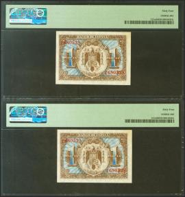 World Coins - 1 Peseta. 1 de Junio de 1940. Pareja correlativa. Sin serie. (Edifil 2021: 441, Pick: 121a). Inusual. SC. Encapsulado PMG64.