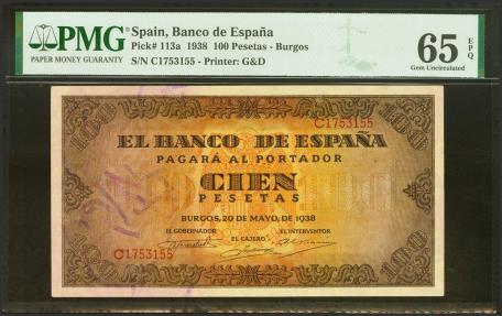 World Coins - 100 Pesetas. 20 de Mayo de 1938. Serie C. (Edifil 2023: 432a, Pick: 113a). Inusual en esta excepcional calidad, apresto original. SC. Encapsulado PMG65EPQ.