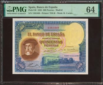 World Coins - 500 Pesetas. 7 de Enero de 1935. Sin serie. (Edifil 2023: 365, Pick: 89). SC. Encapsulado PMG64.