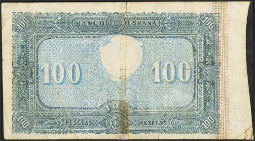 World Coins - 100 Pesetas. 1 de Octubre de 1886. Sin serie. (Edifil 2023: 294, Pick: 36). Muy raro, reparado y pequeñas roturitas. MBC-.