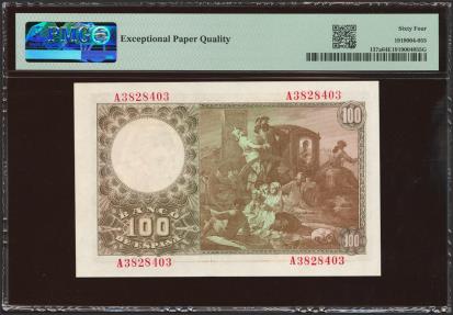 World Coins - 100 Pesetas. 2 de Mayo de 1948. Serie A. (Edifil 2023: 456a, Pick: 137a). Apresto original. SC. Encapsulado PMG64EPQ.