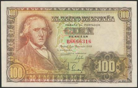 World Coins - 100 Pesetas. 2 de Mayo de 1948. Serie B. (Edifil 2023: 456a). Conserva gran parte del apresto original. EBC+++.