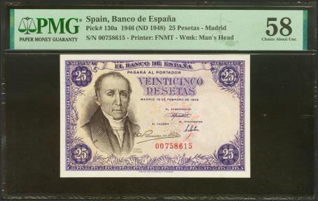 World Coins - 25 Pesetas. 19 de Febrero de 1946. Sin serie. (Edifil 2023: 450, Pick: 130a). EBC++. Encapsulado PMG58.