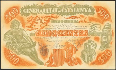 World Coins - 500 Pesetas. Septiembre 1936. Prueba de artista de la Generalitat de Cataluña No Emitida y elaborada desde el punto de vista artístico artesanalmente. (No catalogada en Edifil ni