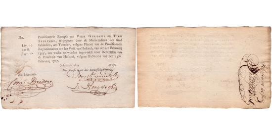 World Coins - 4 gulden en 10 stuivers 1795 recepis Schiedam PMG 50