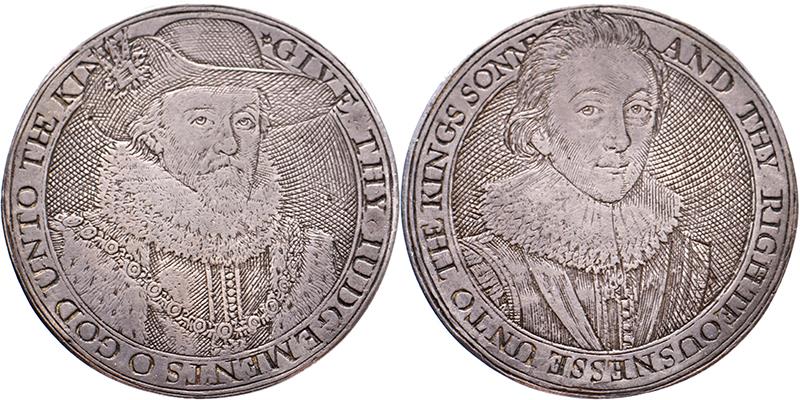 World Coins - Great Britain. Ca. 1620. Simili engraved token or counter James I and Charles, Prince of Wales, workshop of Simon van de Passe
