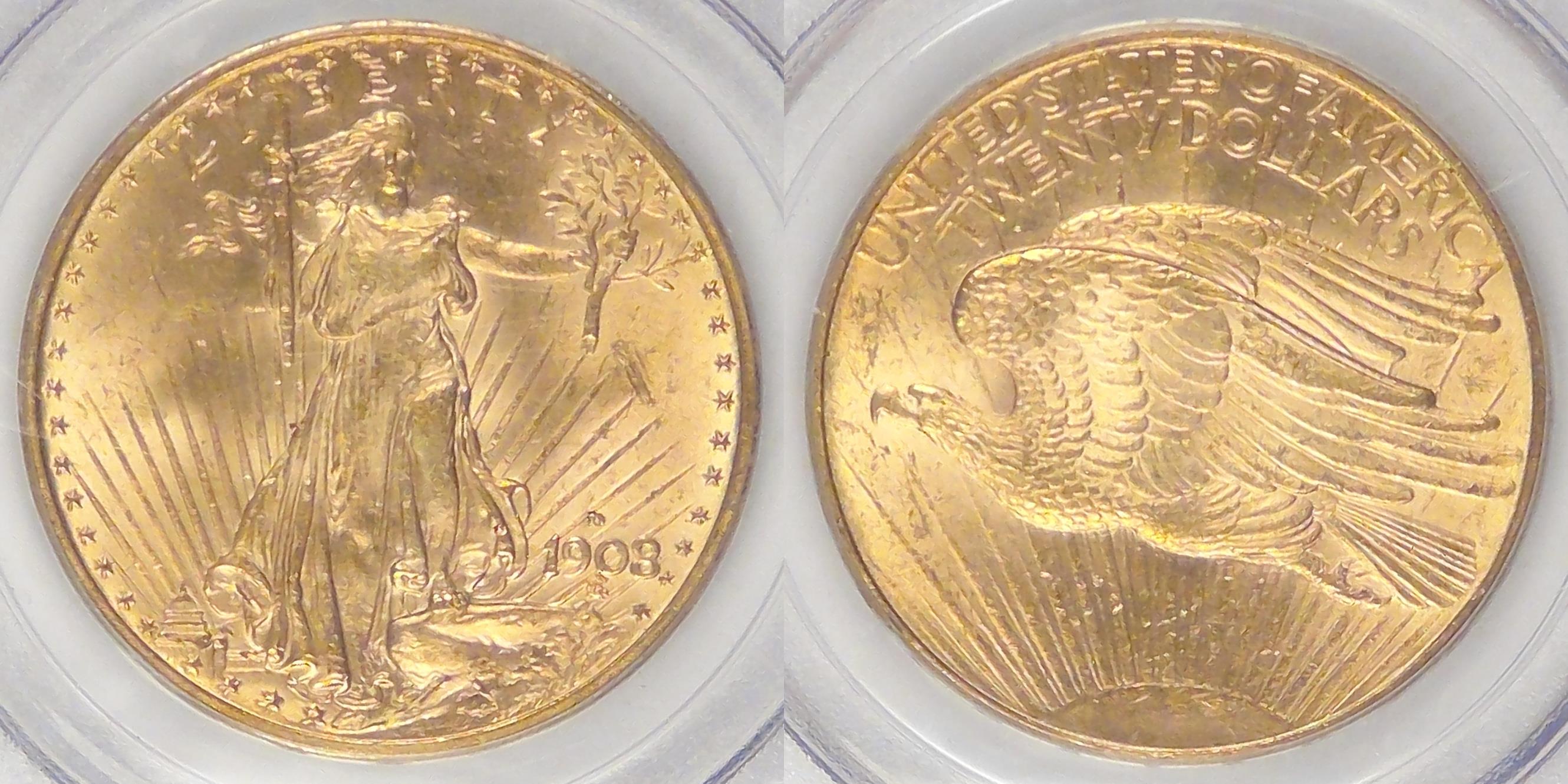 1908-D No Motto $20 St. Gaudens Double Eagle, MS-64 PCGS | Gold Coins