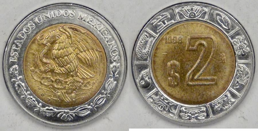 MEXICO - Estados Unidos, 1998 Mo, 2 Pesos, Brilliant Uncirculated