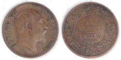 World Coins - INDIA - British Colony, Edward VII, 1904, 1/12 Anna, Very Fine +