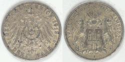 World Coins - GERMANY - Hamburg 1912 J, 3 Mark Choice EF / AU