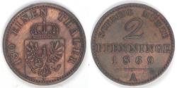 World Coins - GERMANY - Prussia, Wilhelm I, 1869 A, 2 Pfennige, Almost Uncirculated