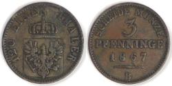 World Coins - GERMANY - Prussia, Wilhelm I, 1867 B, 3 Pfennige, Very Fine