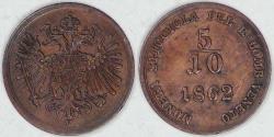 World Coins - ITALY - Lombardy-Venetia, 1862 A, 5/10 Soldo, Extra Fine