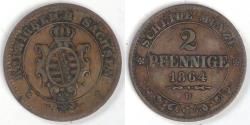 World Coins - GERMANY - Kingdom of Saxony, Johann I, 1864 B, 2 Pfennige, Choice VF