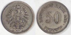 World Coins - GERMANY - Empire, Wilhelm I, 1877 A, 50 Pfennig, about Extra Fine